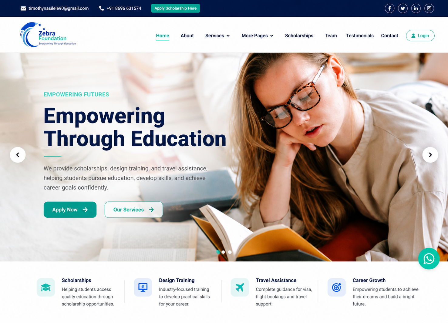 Homepage of the Zebra Foundation education NGO website